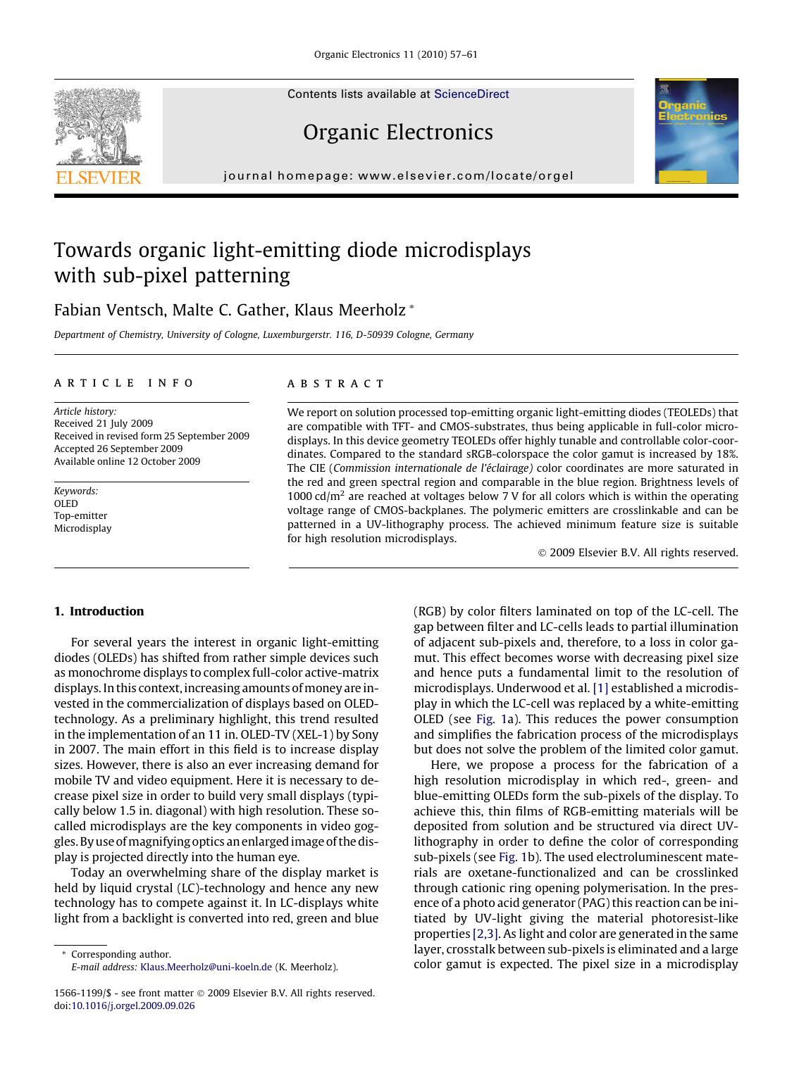 Towards organic light-emitting diode microdisplays with sub-pixel patterning by Fabian Ventsch; Malte C. Gather; Klaus Meerholz
