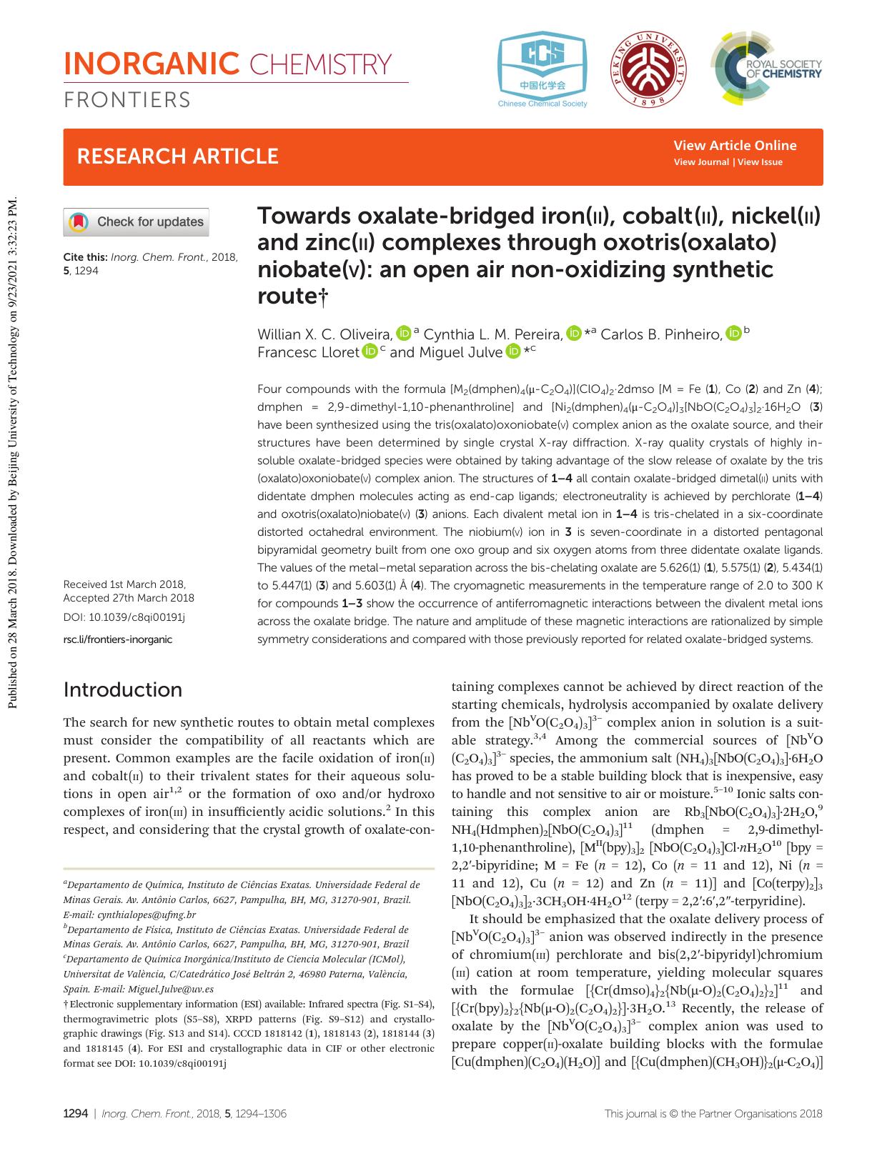 Towards oxalate-bridged iron(II), cobalt(II), nickel(II) and zinc(II) complexes through oxotris(oxalato)niobate(V): an open air non-oxidizing synthetic route by Willian X. C. Oliveira Cynthia L. M. Pereira Carlos B. Pinheiro Francesc Lloret Miguel Julve