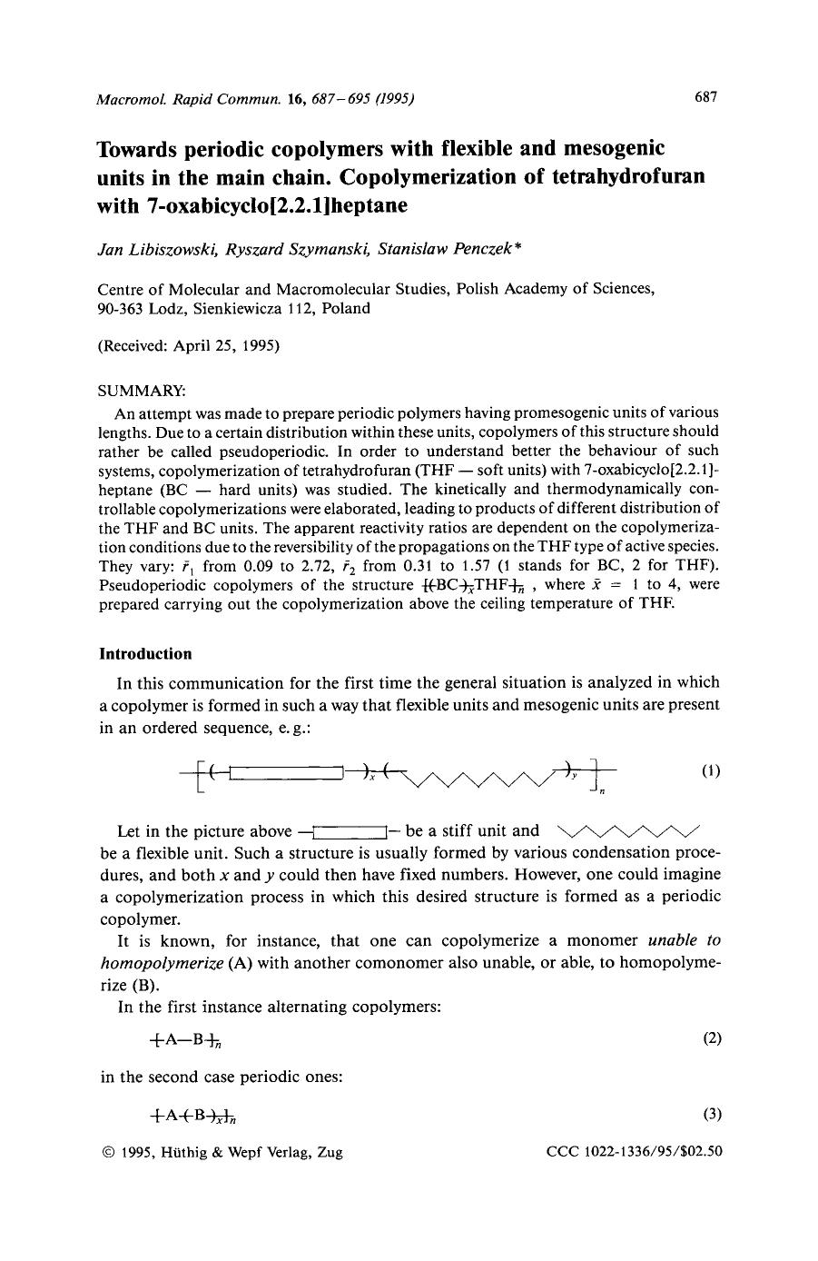 Towards periodic copolymers with flexible and mesogenic units in the main chain. Copolymerization of tetrahydrofuran with 7-oxabicyclo[2.2.1]heptane by Unknown