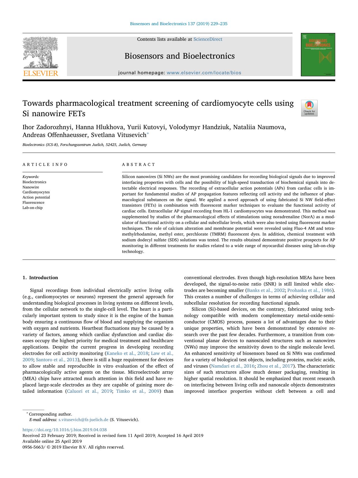 Towards pharmacological treatment screening of cardiomyocyte cells using Si nanowire FETs by unknow