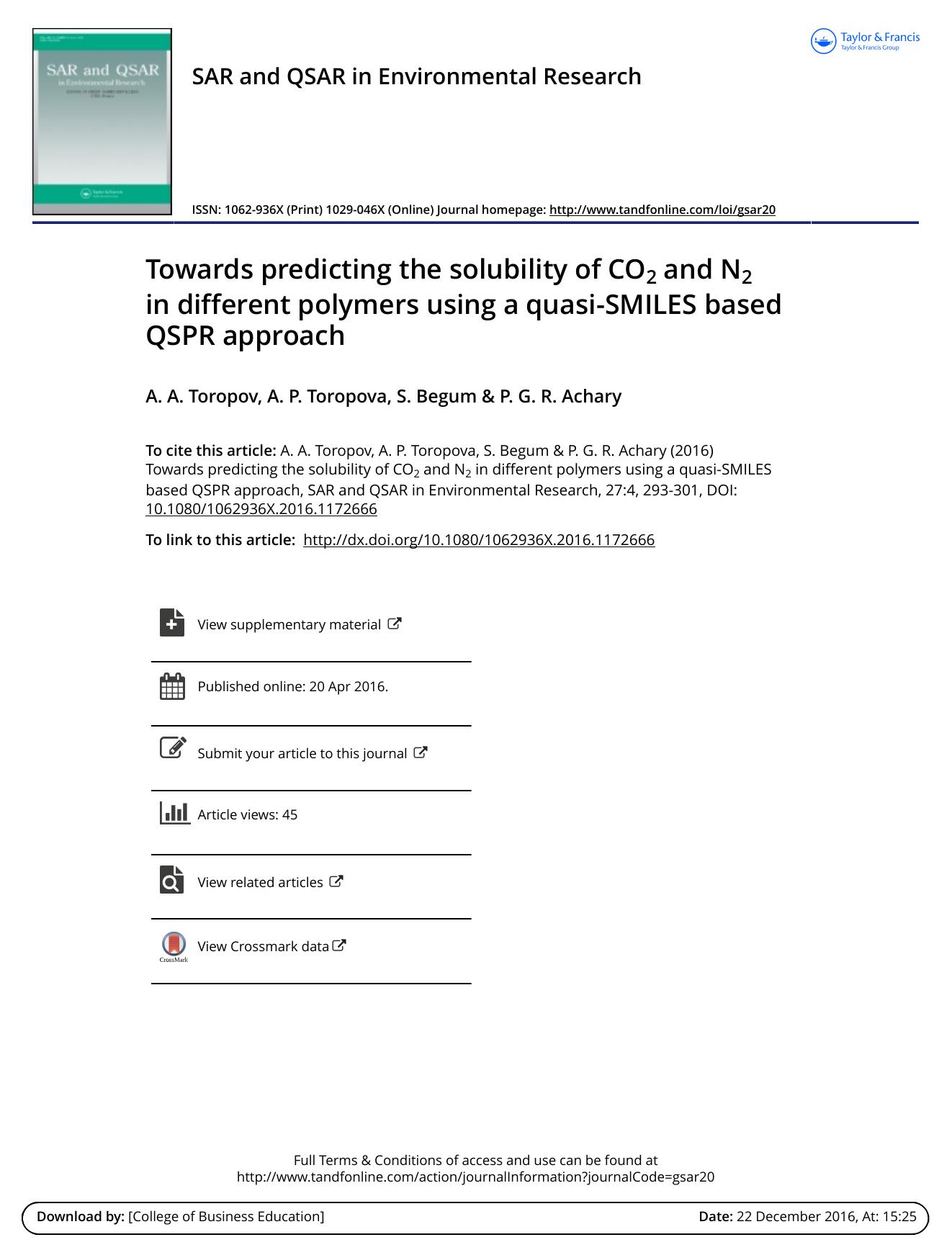 Towards predicting the solubility of CO2 and N2 in different polymers using a quasi-SMILES based QSPR approach by A. A. Toropov & A. P. Toropova & S. Begum & P. G. R. Achary
