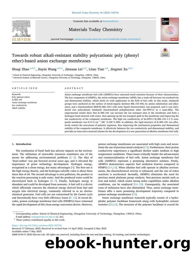 Towards robust alkali-resistant stability polycationic poly (phenyl ether)-based anion exchange membranes by Shuqi Zhao & Jiayin Wang & Jinxuan Lei & Litao Tian & Jingmei Xu