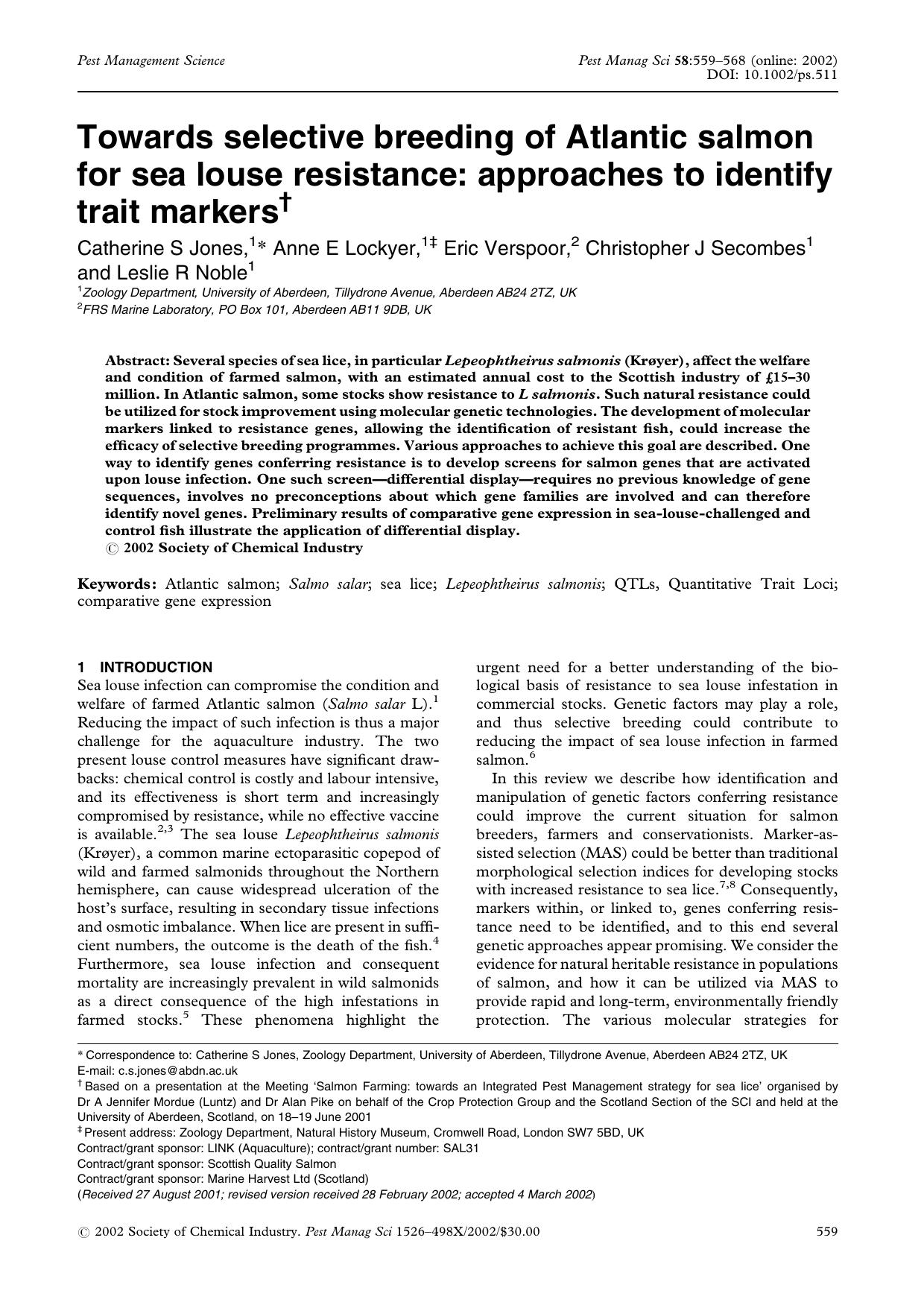 Towards selective breeding of Atlantic salmon for sea louse resistance: approaches to identify trait markers by Unknown
