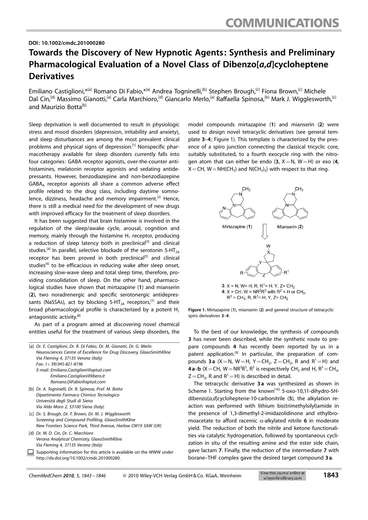 Towards the Discovery of New Hypnotic Agents: Synthesis and Preliminary Pharmacological Evaluation of a Novel Class of Dibenzo[a,d]cycloheptene Derivatives by Unknown