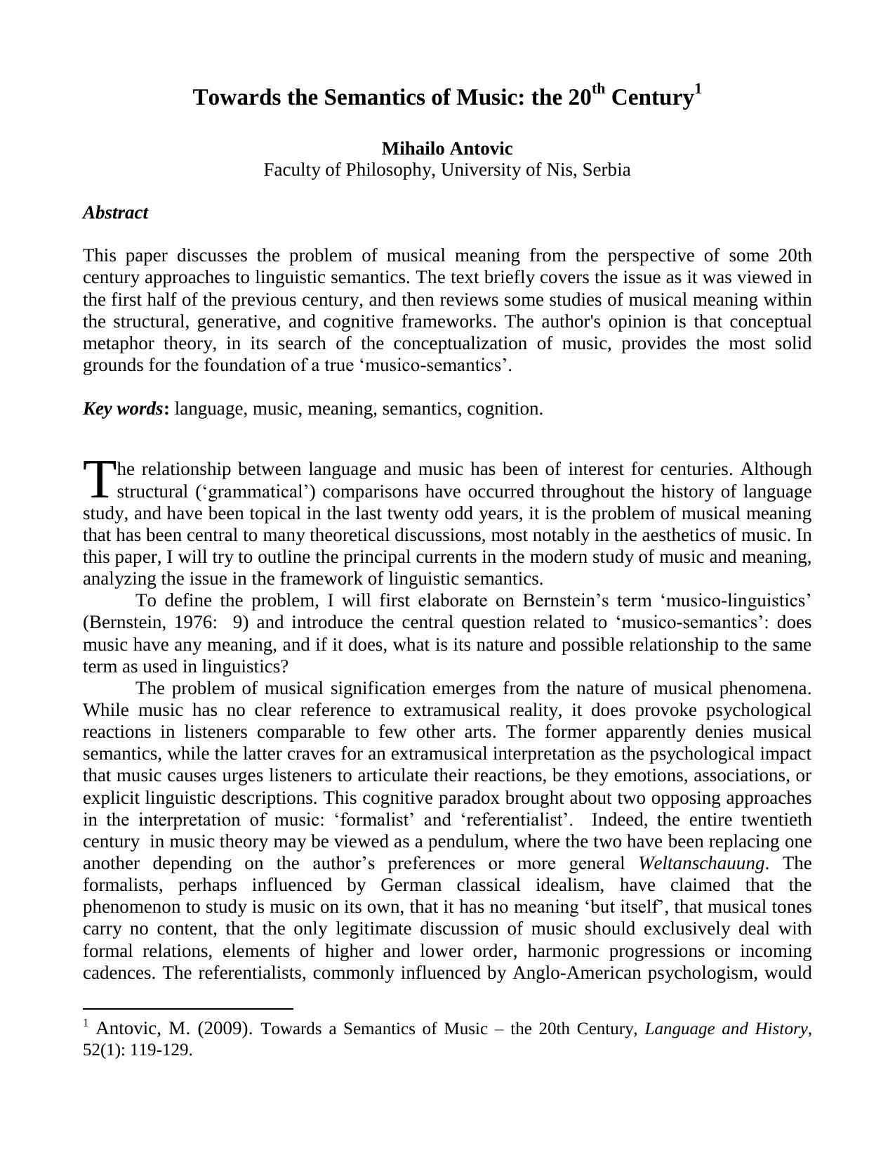 Towards the Semantics of Music: the 20th Century by Antovic M