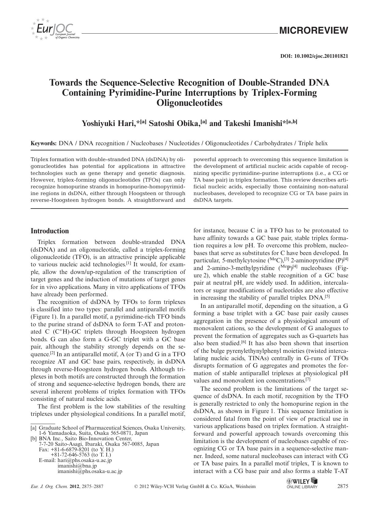 Towards the SequenceSelective Recognition of DoubleStranded DNA Containing PyrimidinePurine Interruptions by TriplexForming Oligonucleotides by Unknown