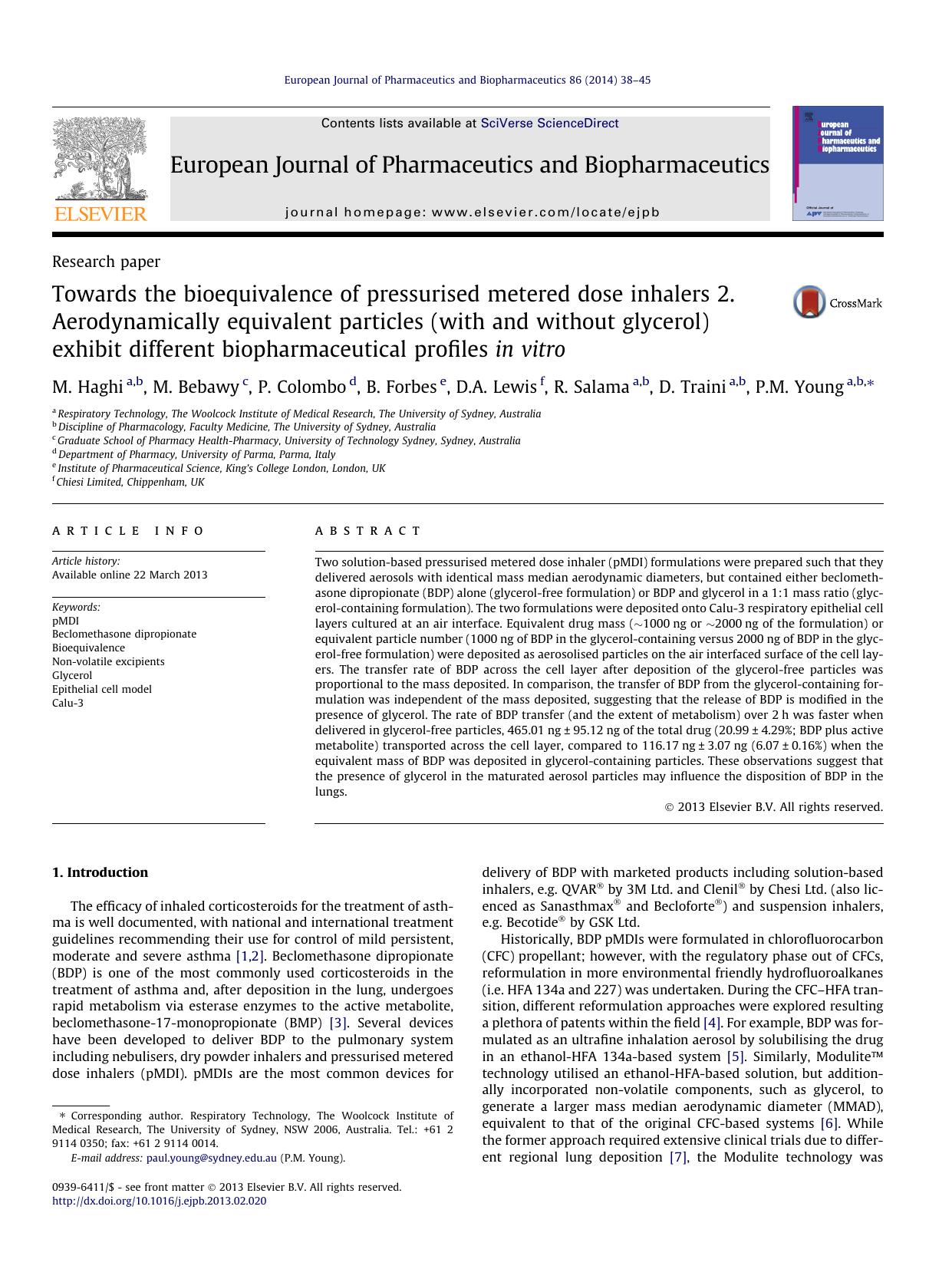 Towards the bioequivalence of pressurised metered dose inhalers 2. Aerodynamically equivalent particles (with and without glycerol) exhibit different biopharmaceutical profiles in vitro by M. Haghi & M. Bebawy & P. Colombo & B. Forbes & D.A. Lewis & R. Salama & D. Traini & P.M. Young