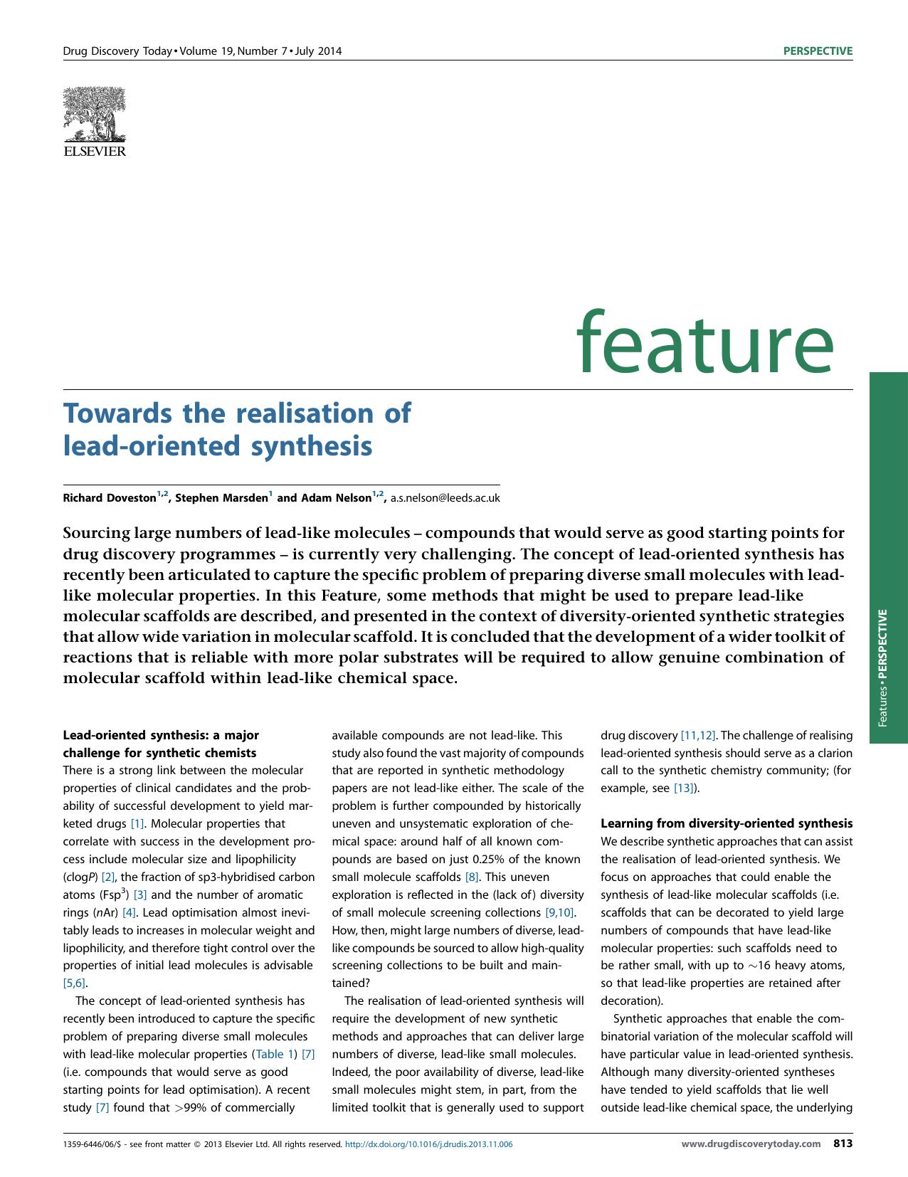 Towards the realisation of lead-oriented synthesis by Richard Doveston & Stephen Marsden & Adam Nelson