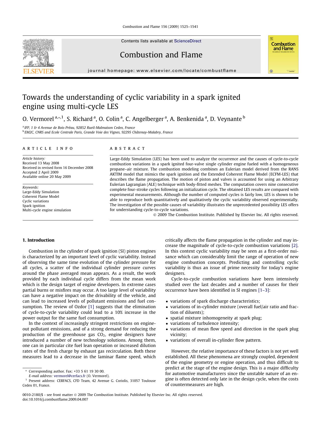 Towards the understanding of cyclic variability in a spark ignited engine using multi-cycle LES by O. Vermorel; S. Richard; O. Colin; C. Angelberger; A. Benkenida; D. Veynante