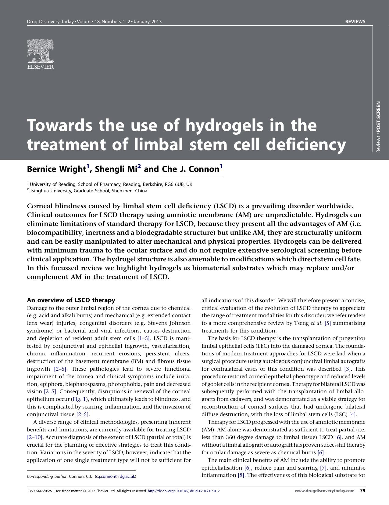 Towards the use of hydrogels in the treatment of limbal stem cell deficiency by Bernice Wright