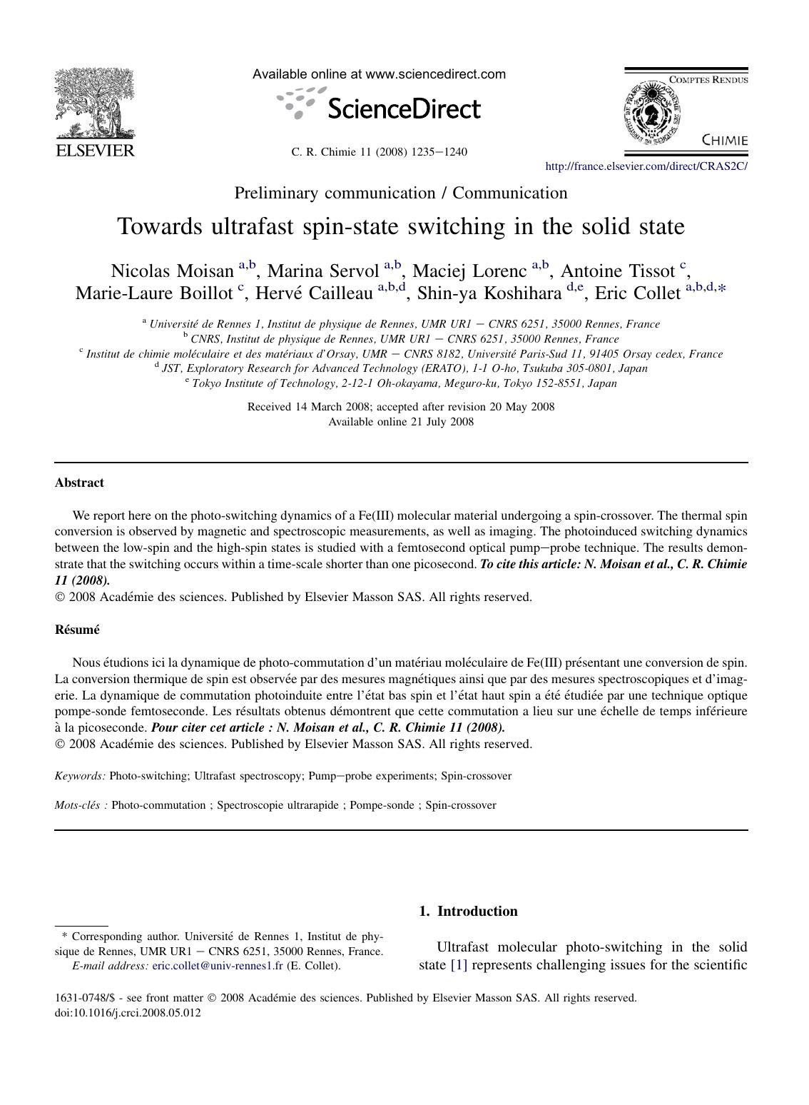 Towards ultrafast spin-state switching in the solid state by Nicolas Moisan; Marina Servol; Maciej Lorenc; Antoine Tissot;