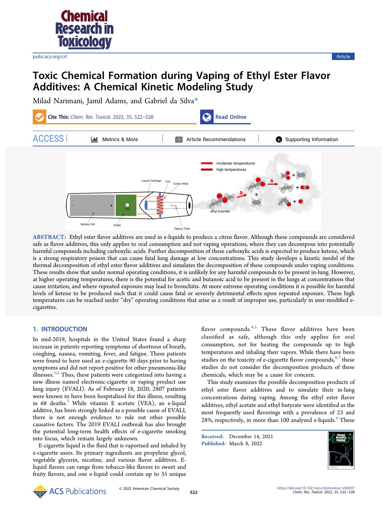 Toxic Chemical Formation during Vaping of Ethyl Ester Flavor Additives: A Chemical Kinetic Modeling Study by Milad Narimani Jamil Adams and Gabriel da Silva