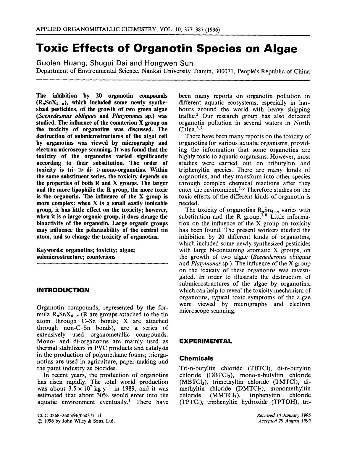 Toxic Effects of Organotin Species on Algae by Unknown