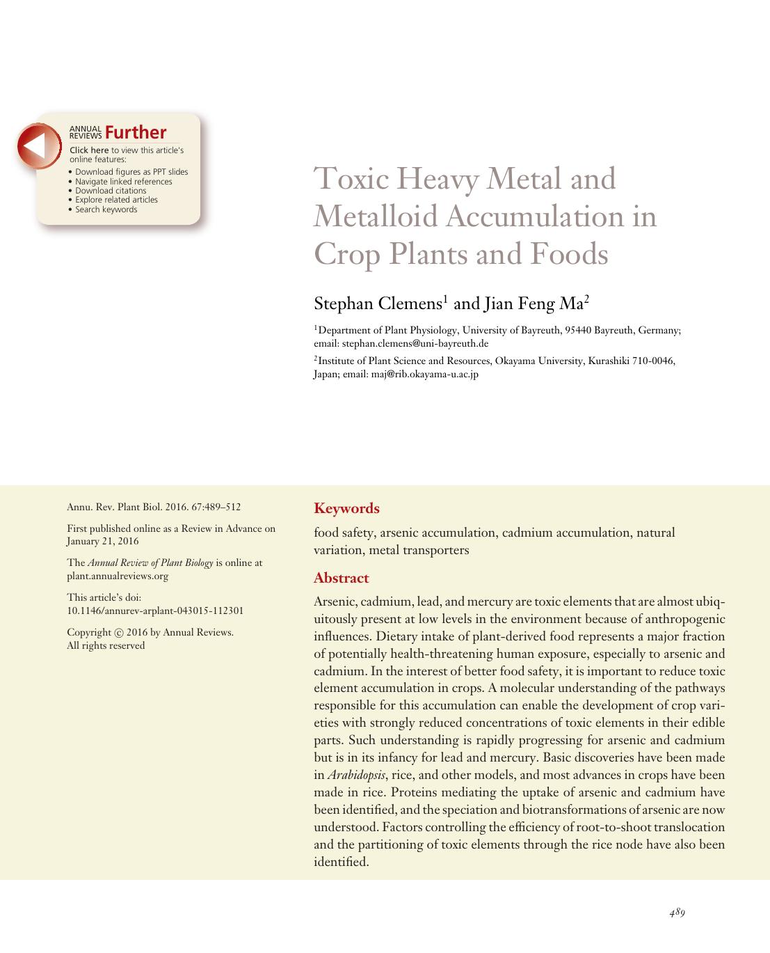 Toxic Heavy Metal and Metalloid Accumulation in Crop Plants and Foods by Stephan Clemens and Jian Feng Ma