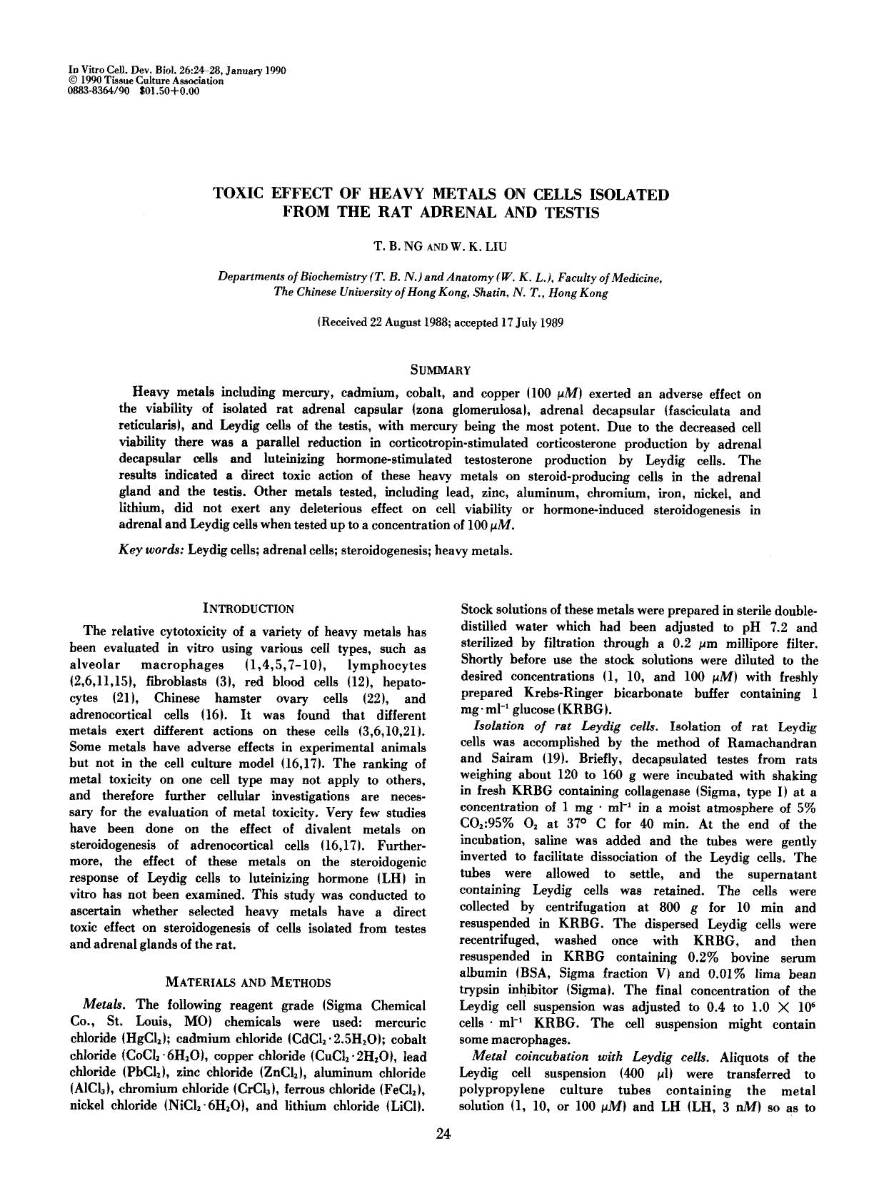 Toxic effect of heavy metals on cells isolated from the rat adrenal and testis by Unknown