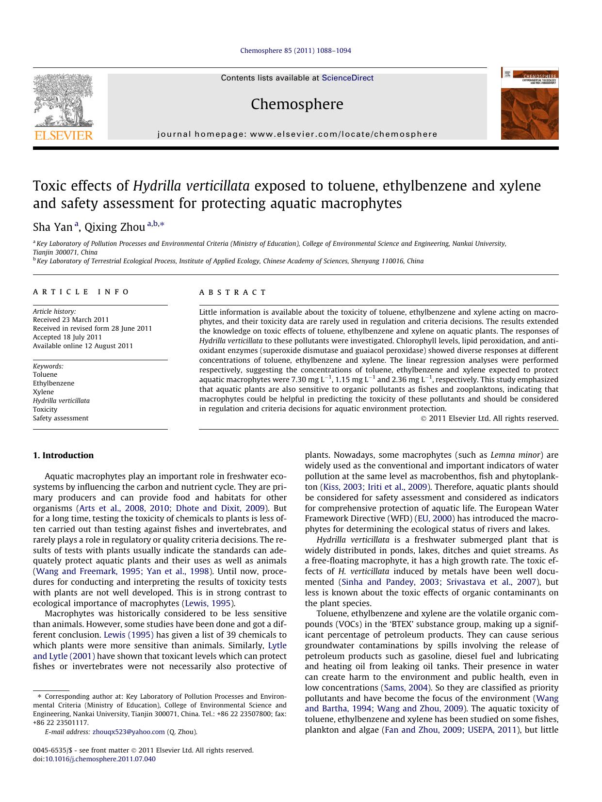 Toxic effects of Hydrilla verticillata exposed to toluene, ethylbenzene and xylene and safety assessment for protecting aquatic macrophytes by Sha Yan & Qixing Zhou