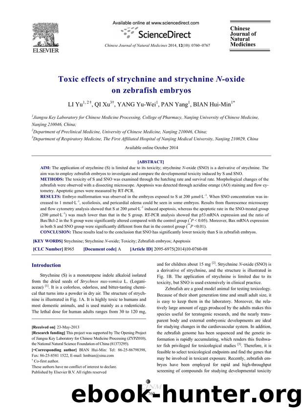 Toxic effects of strychnine and strychnine N-oxide on zebrafish embryos by Yu LI & Xu QI & Yu-Wei YANG & Yang PAN & Hui-Min BIAN
