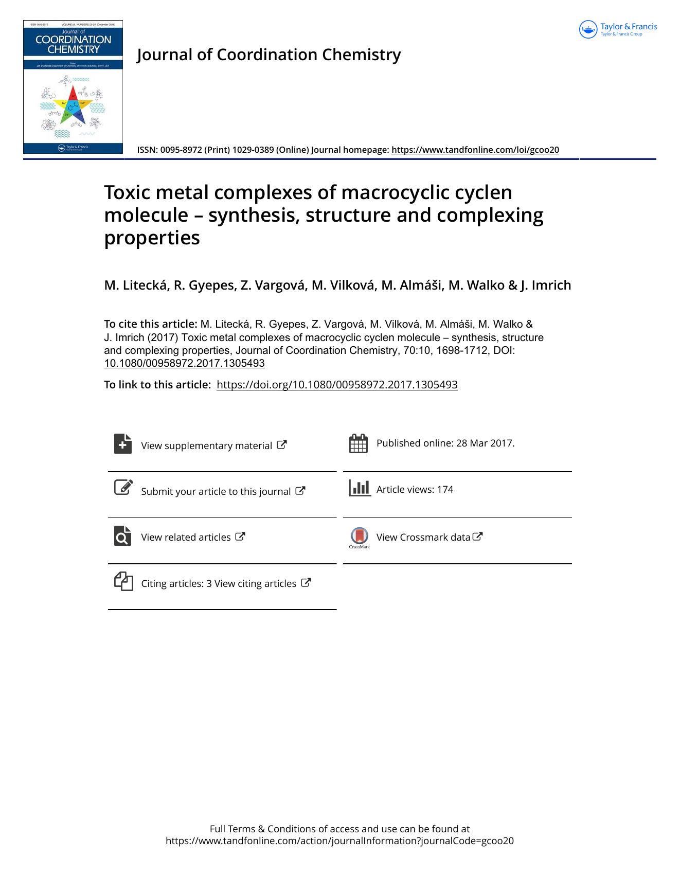Toxic metal complexes of macrocyclic cyclen molecule â synthesis, structure and complexing properties by M. Litecká & R. Gyepes & Z. Vargová & M. Vilková & M. Almáši & M. Walko & J. Imrich