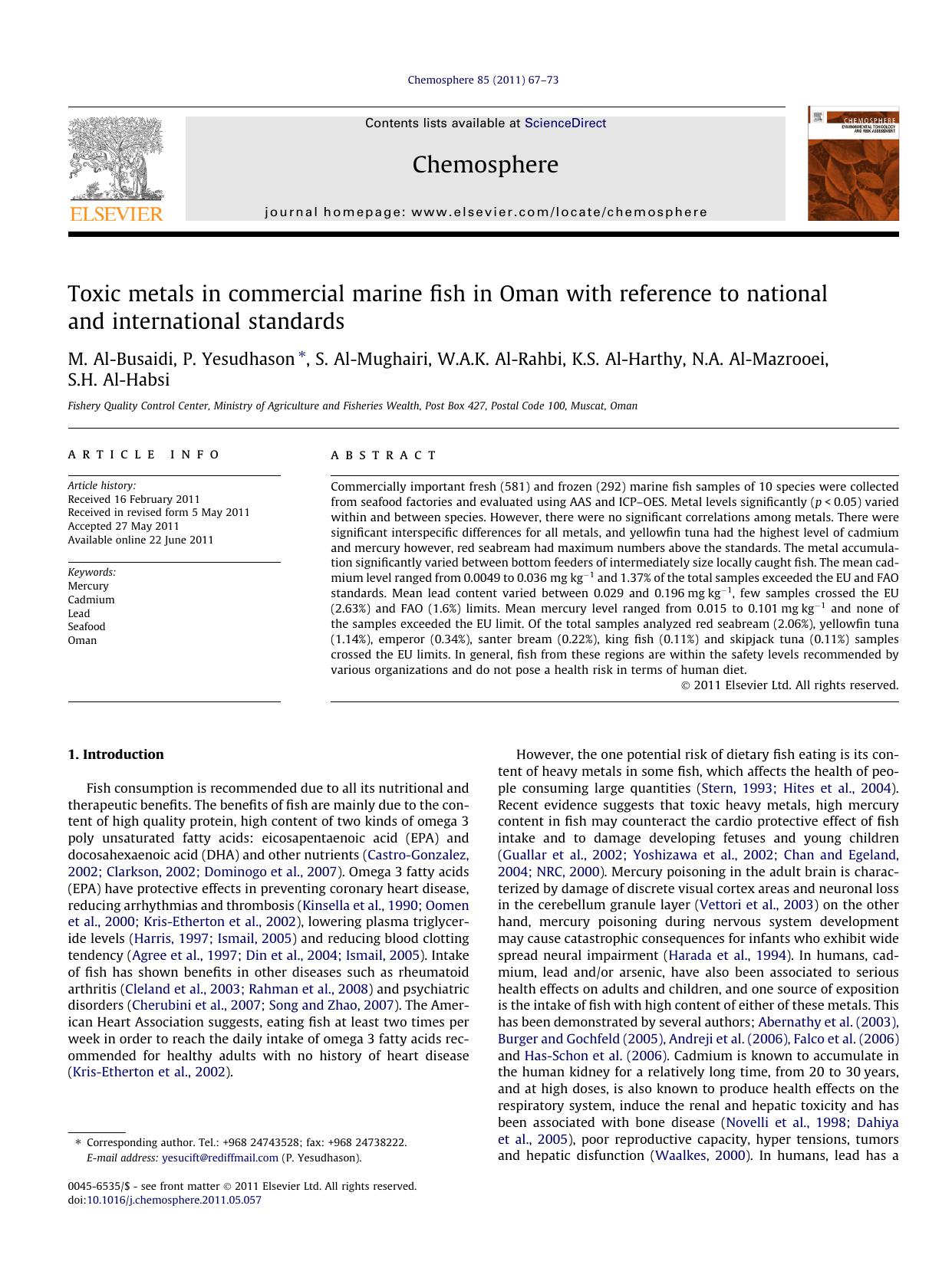 Toxic metals in commercial marine fish in Oman with reference to national and international standards by unknow