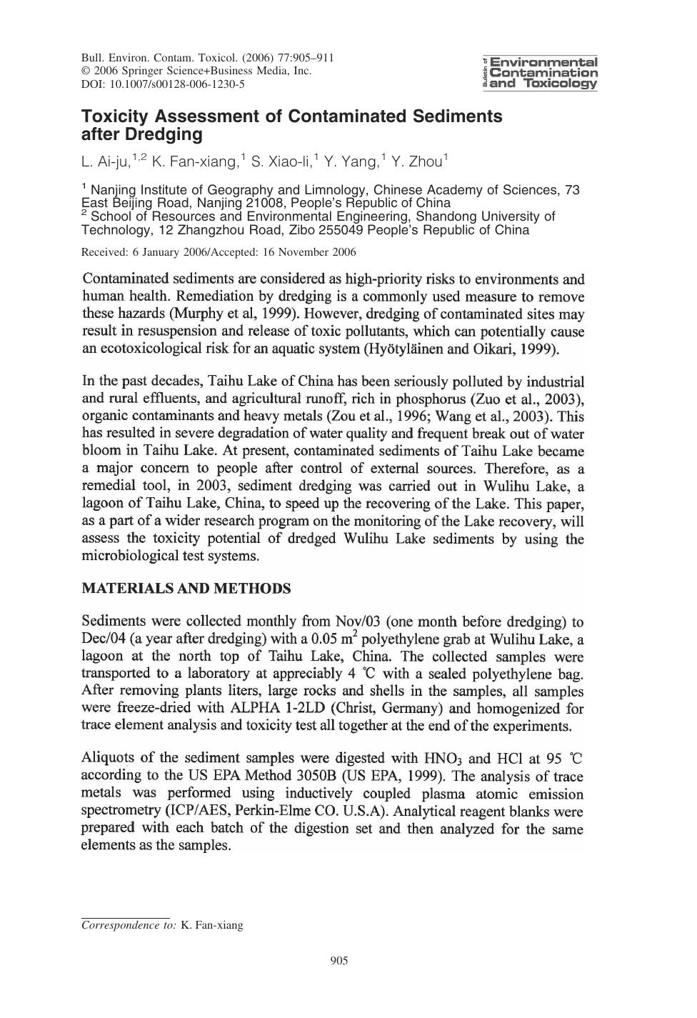 Toxicity Assessment of Contaminated Sediments after Dredging by Ai-ju & L. et al