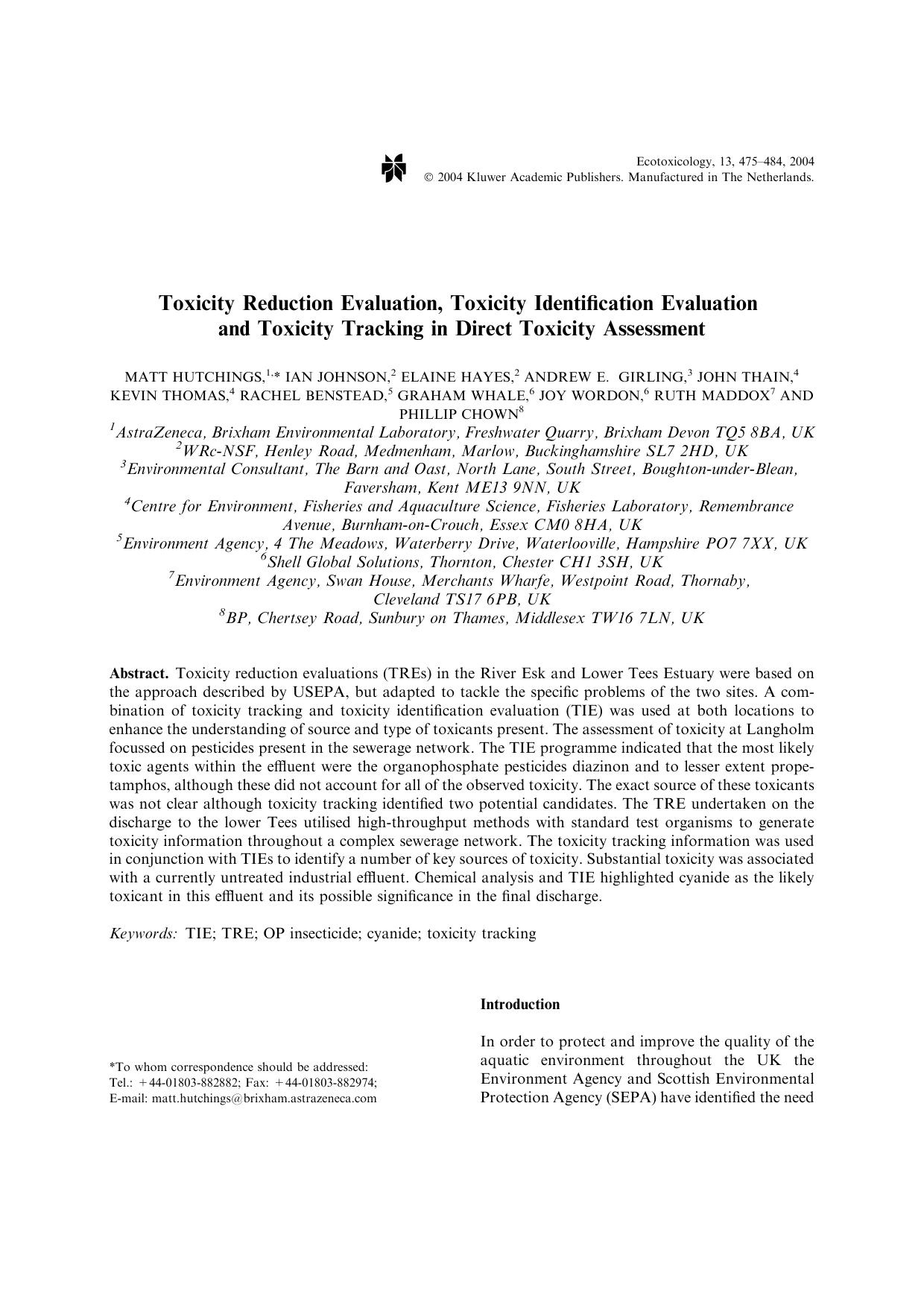 Toxicity Reduction Evaluation, Toxicity Identification Evaluation and Toxicity Tracking in Direct Toxicity Assessment by Unknown