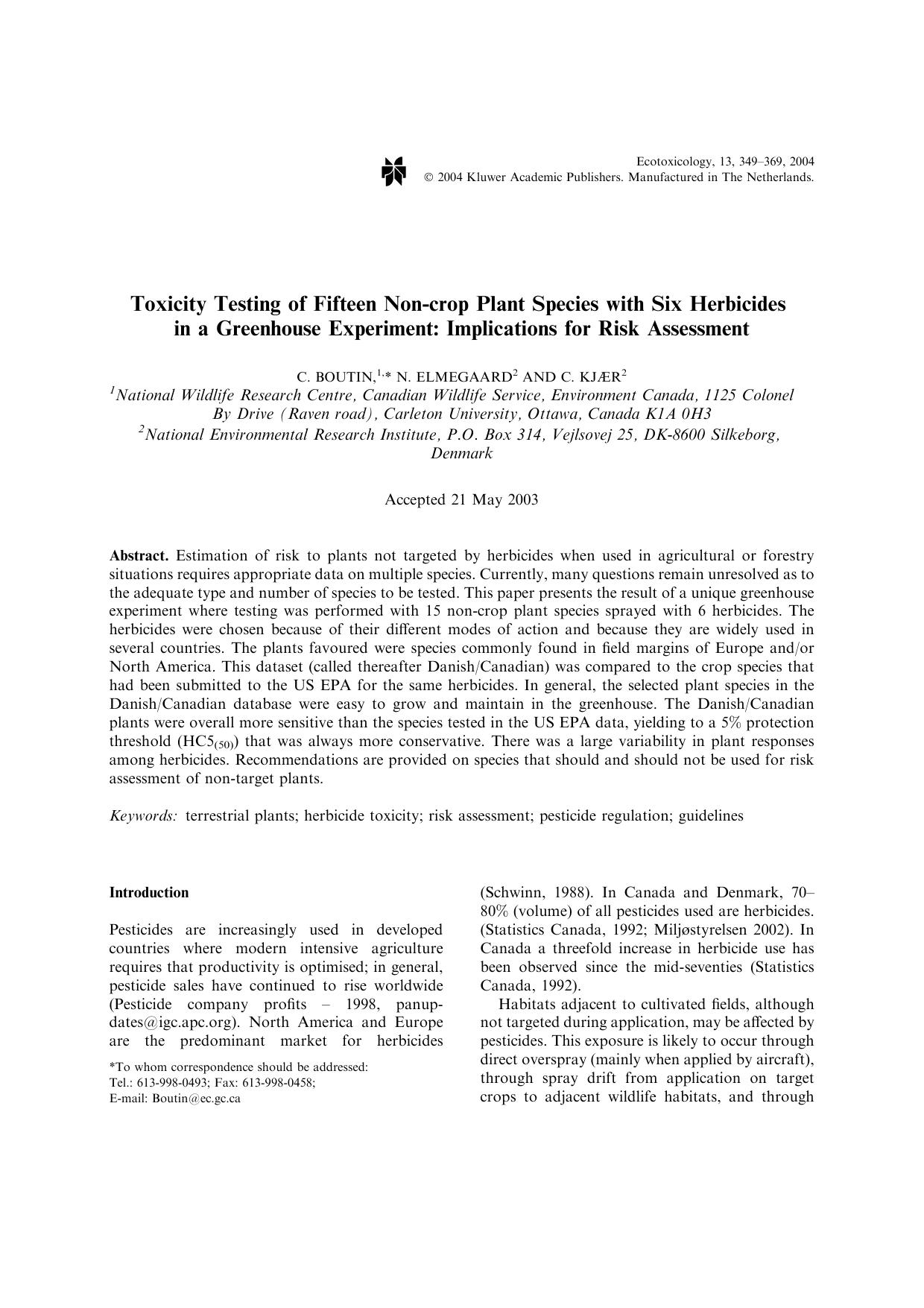 Toxicity Testing of Fifteen Non-Crop Plant Species with Six Herbicides in a Greenhouse Experiment: Implications for Risk Assessment by Unknown