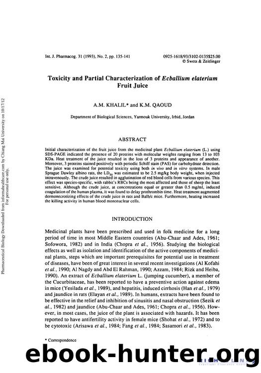 Toxicity and Partial Characterization of Ecballium elaterium Fruit Juice by A. M. Khalil & K. M. Qaoud