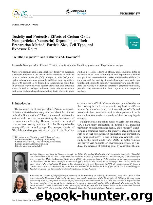 Toxicity and Protective Effects of Cerium Oxide Nanoparticles (Nanoceria) Depending on Their Preparation Method, Particle Size, Cell Type, and Exposure Route by Unknown