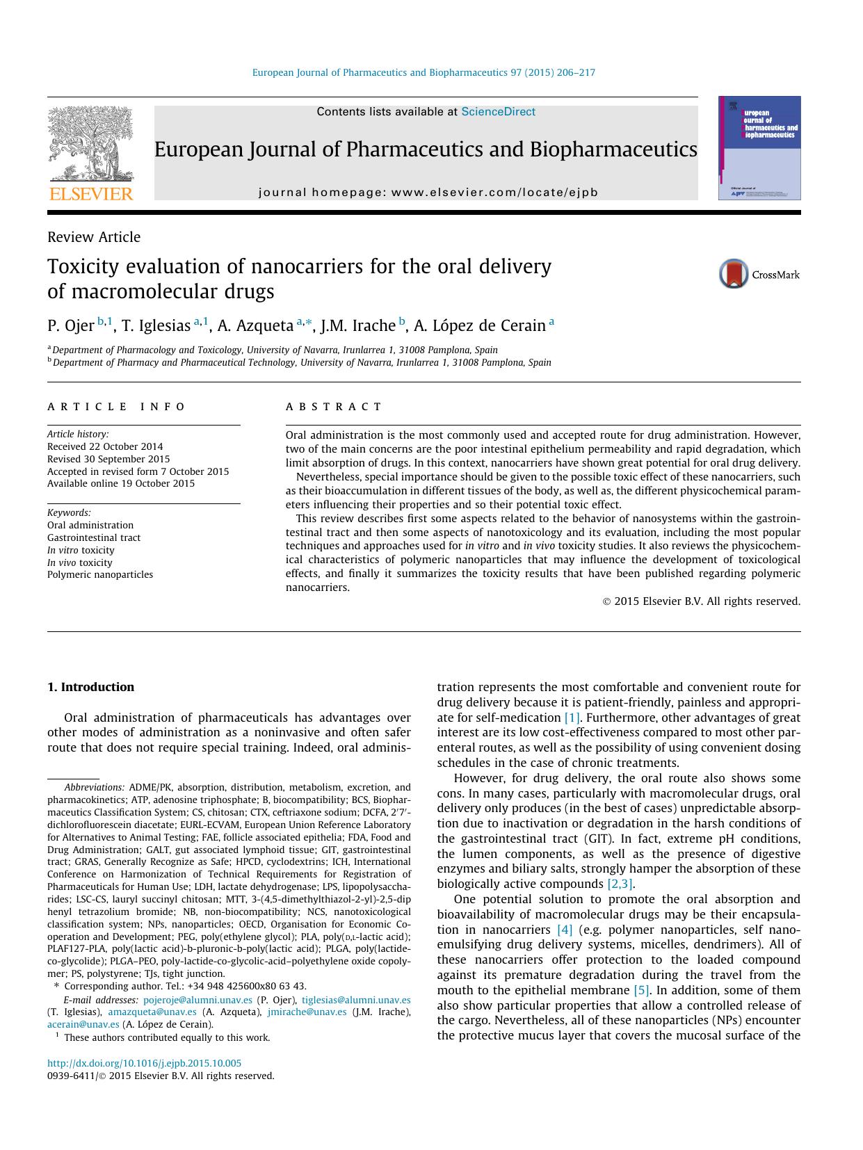 Toxicity evaluation of nanocarriers for the oral delivery of macromolecular drugs by P. Ojer & T. Iglesias & A. Azqueta & J.M. Irache & A. López de Cerain