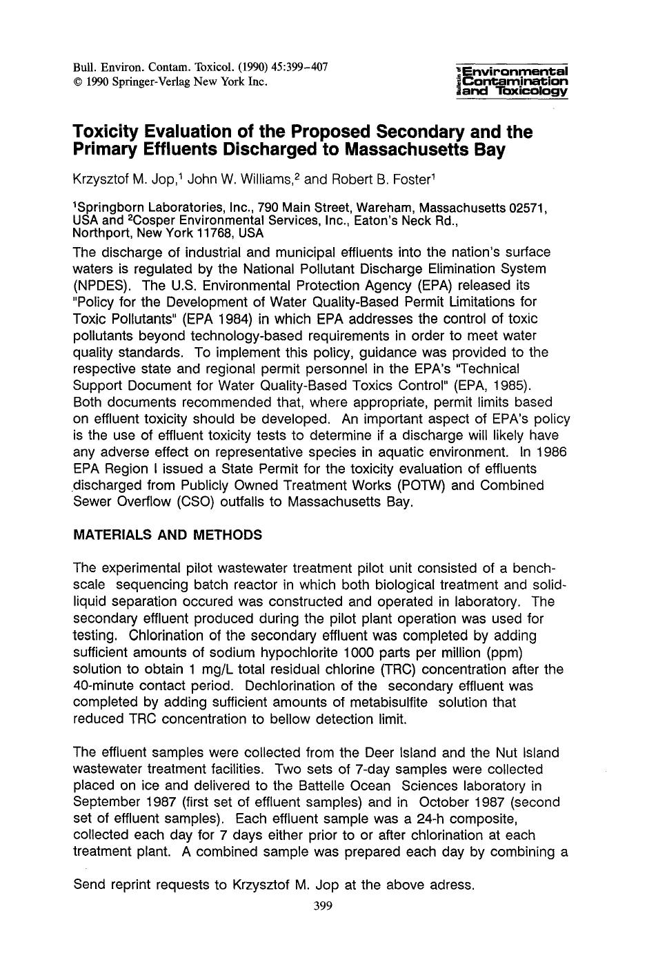 Toxicity evaluation of the proposed secondary and the primary effluents discharged to Massachusetts Bay by Unknown