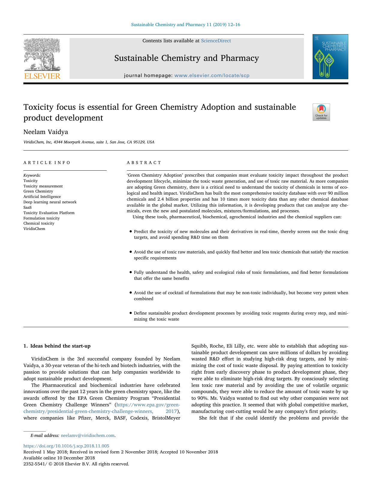 Toxicity focus is essential for Green Chemistry Adoption and sustainable product development by Neelam Vaidya