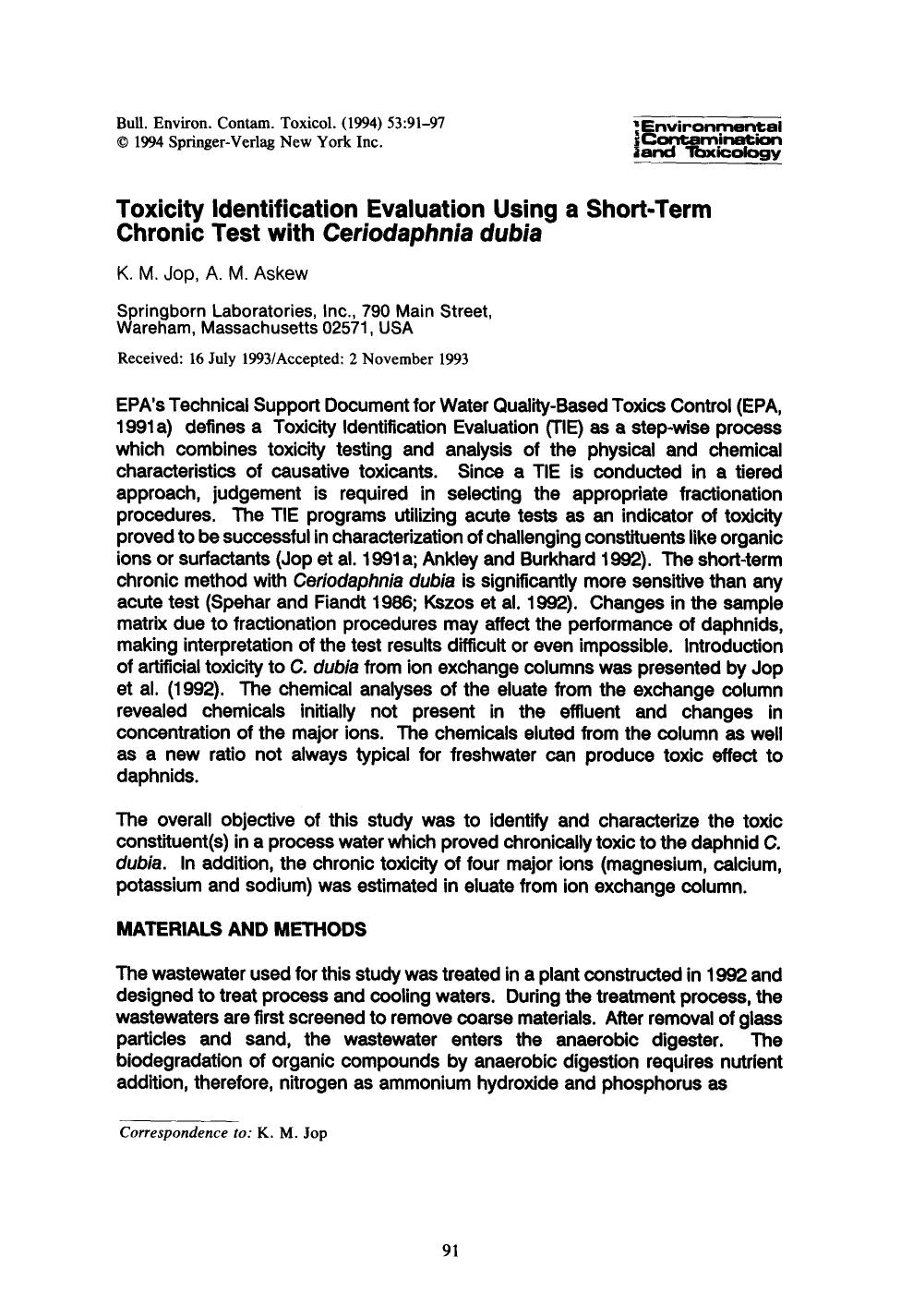 Toxicity identification evaluation using a short-term chronic test with <Emphasis Type="Italic">Ceriodaphnia dubia<Emphasis> by Unknown
