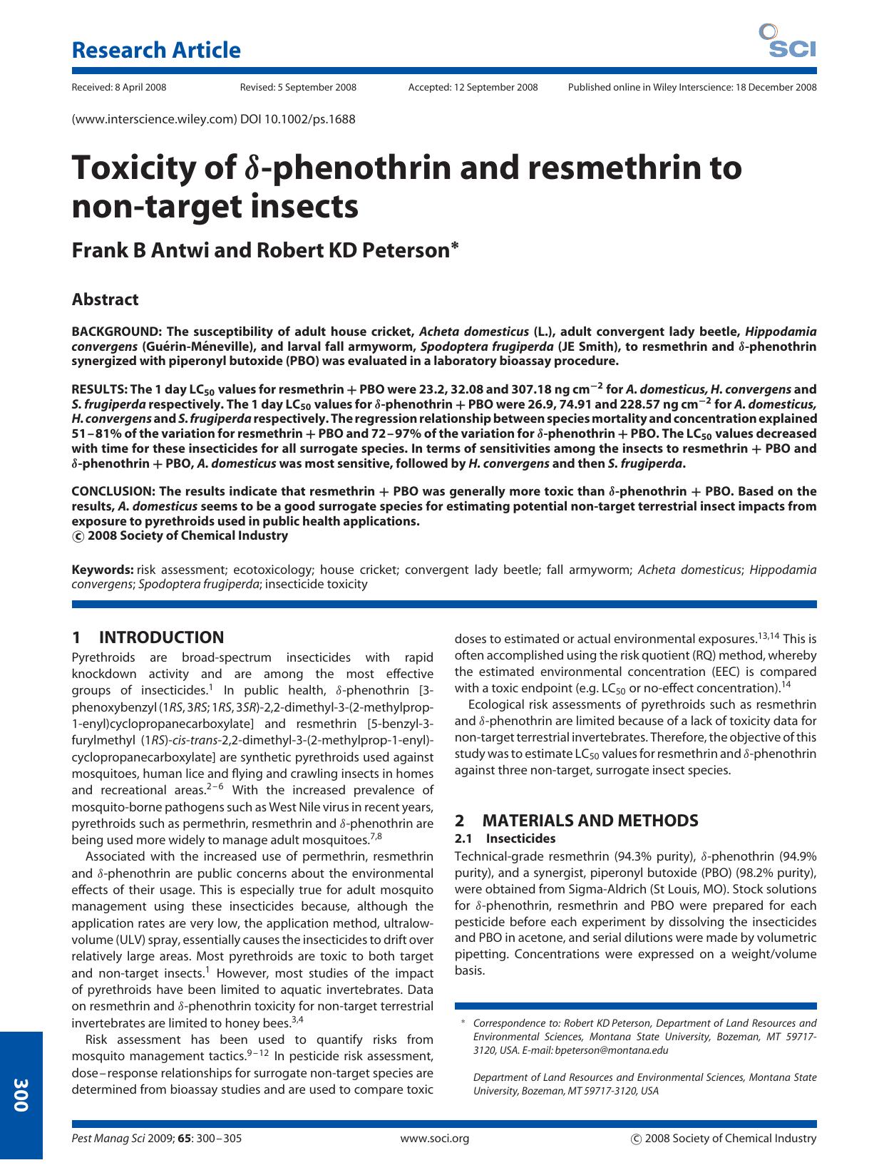 Toxicity of [delta]-phenothrin and resmethrin to non-target insects by Unknown