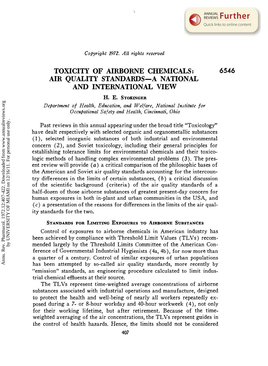Toxicity of Airborne Chemicals: Air Quality Standards-A National and International View by H E Stokinger