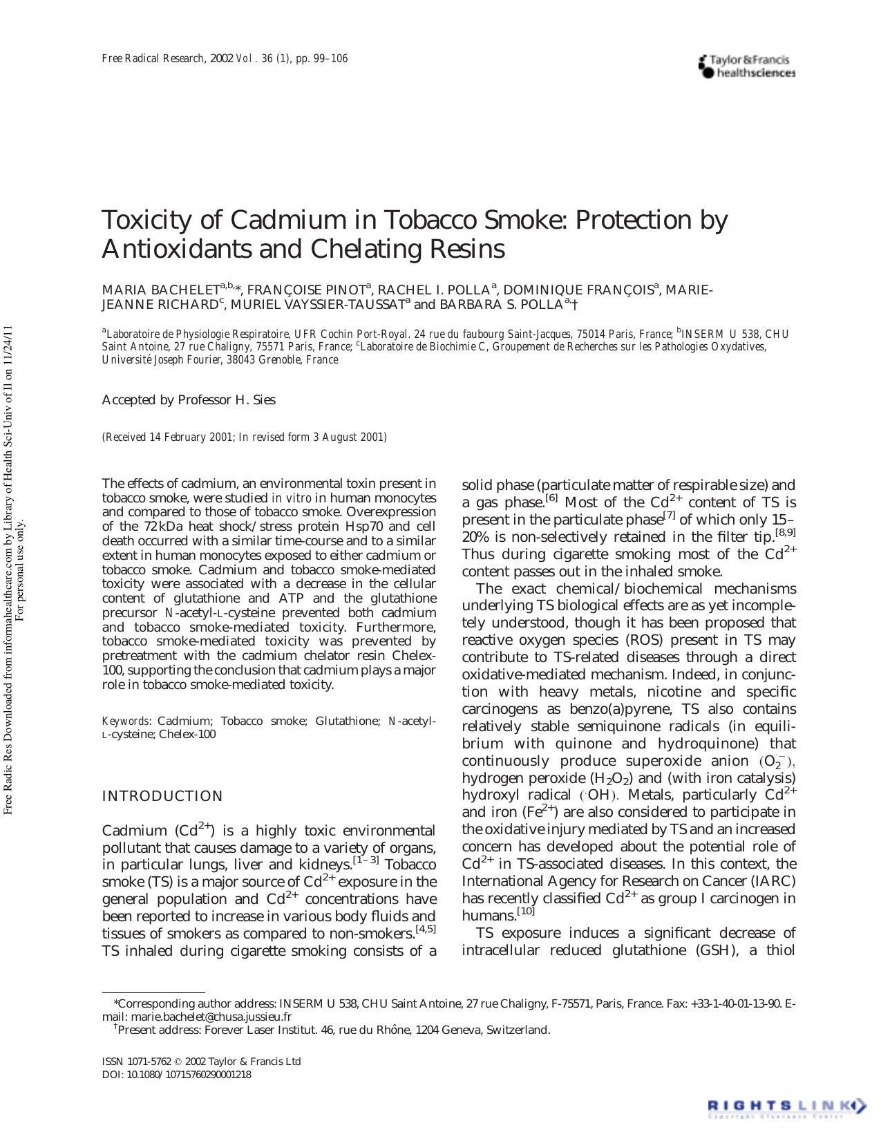 Toxicity of Cadmium in Tobacco Smoke: Protection by Antioxidants and Chelating Resins by unknow