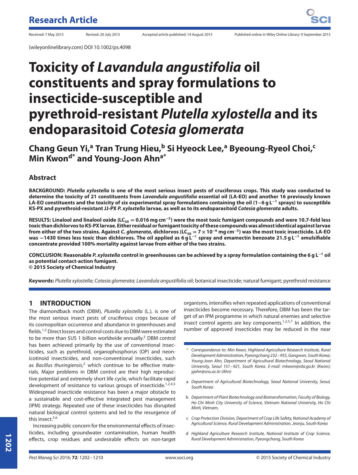 Toxicity of Lavandula angustifolia oil constituents and spray formulations to insecticide-susceptible and pyrethroid-resistant Plutella xylostella and its endoparasitoid Cotesia glomerata by Unknown