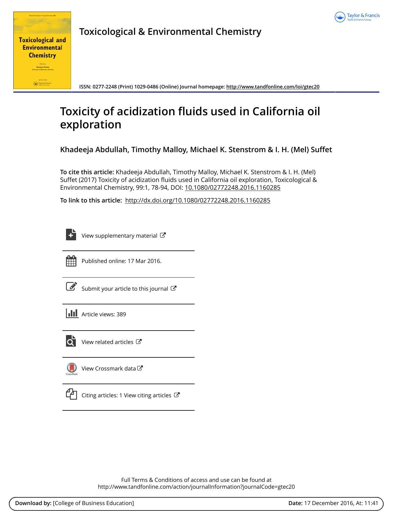 Toxicity of acidization fluids used in California oil exploration by Khadeeja Abdullah & Timothy Malloy & Michael K. Stenstrom & I. H. \(Mel\) Suffet
