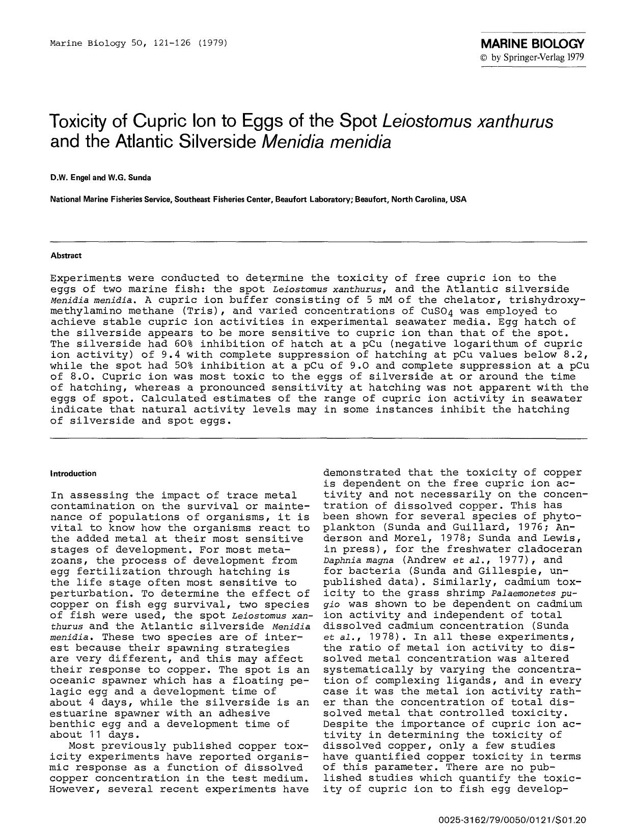 Toxicity of cupric lon to eggs of the spot <Emphasis Type="Italic">Leiostomus xanthurus<Emphasis> and the Atlantic silverside <Emphasis Type="Italic">Menidia menidia<Emphasis> by Unknown