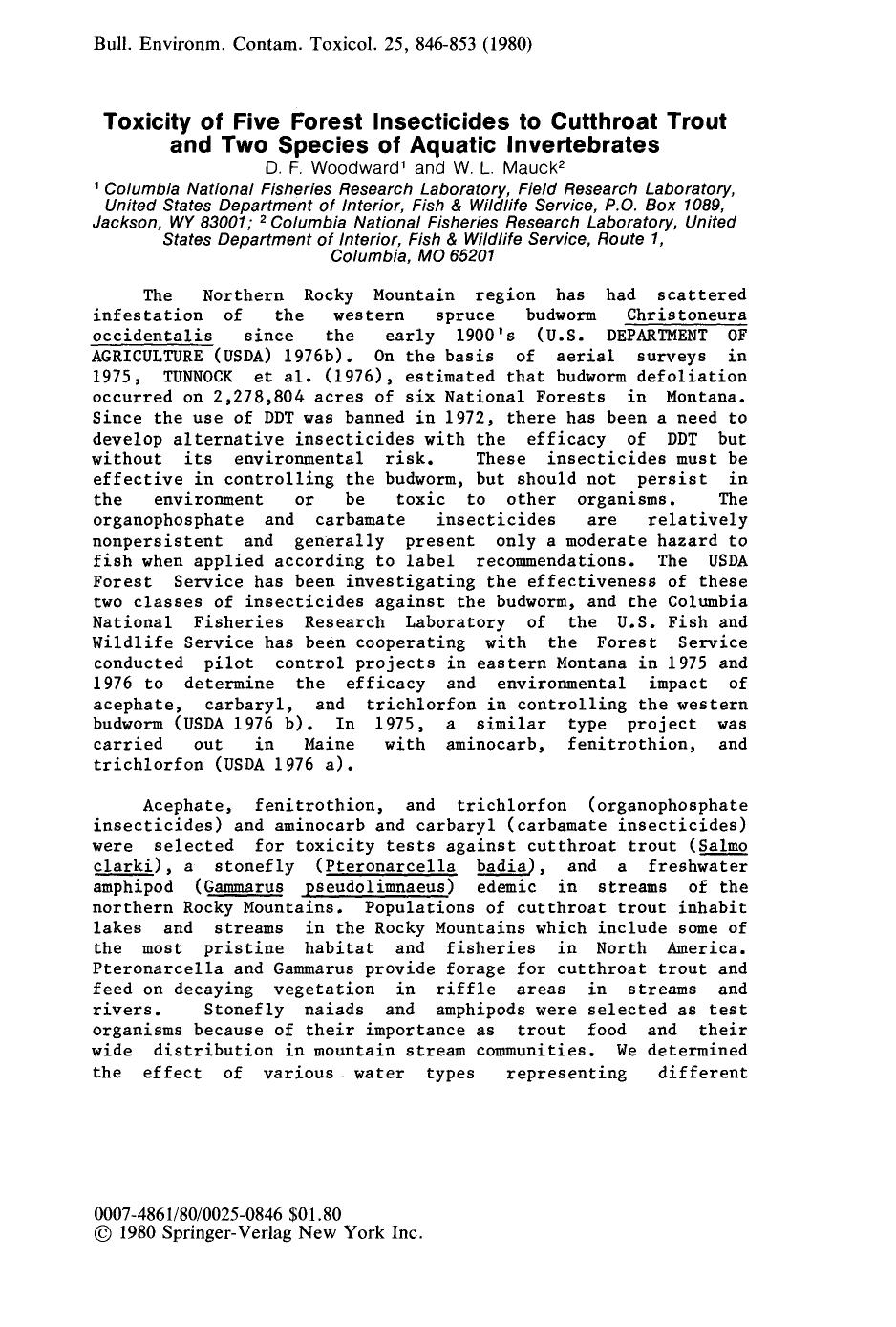 Toxicity of five forest insecticides to cutthroat trout and two species of aquatic invertebrates by Unknown