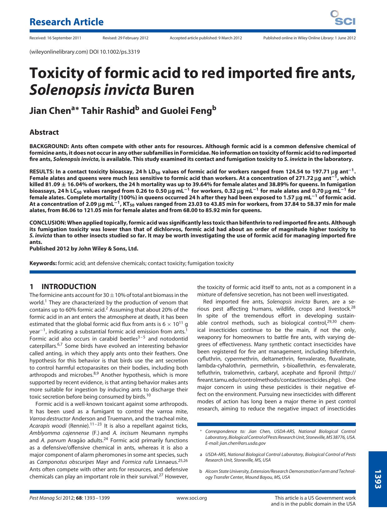 Toxicity of formic acid to red imported fire ants, Solenopsis invicta Buren by Unknown