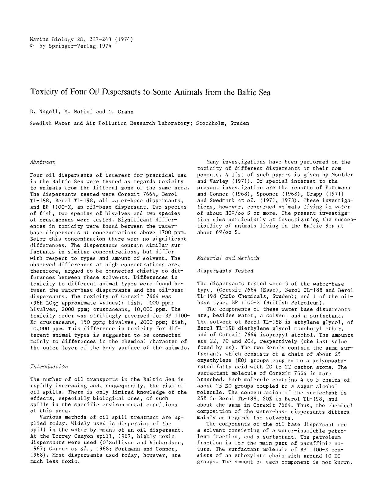 Toxicity of four oil dispersants to some animals from the Baltic Sea by Unknown
