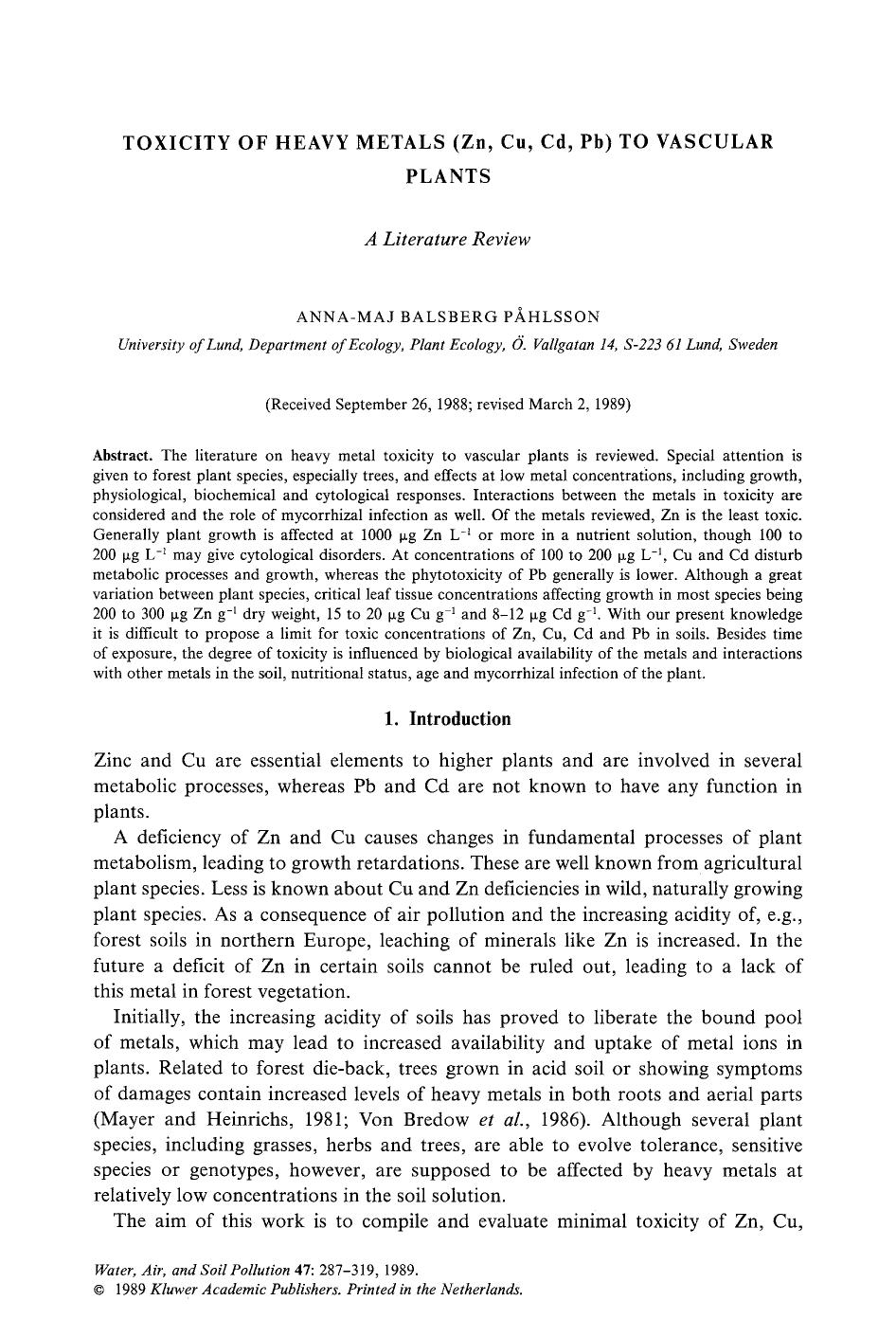 Toxicity of heavy metals (Zn, Cu, Cd, Pb) to vascular plants by Unknown
