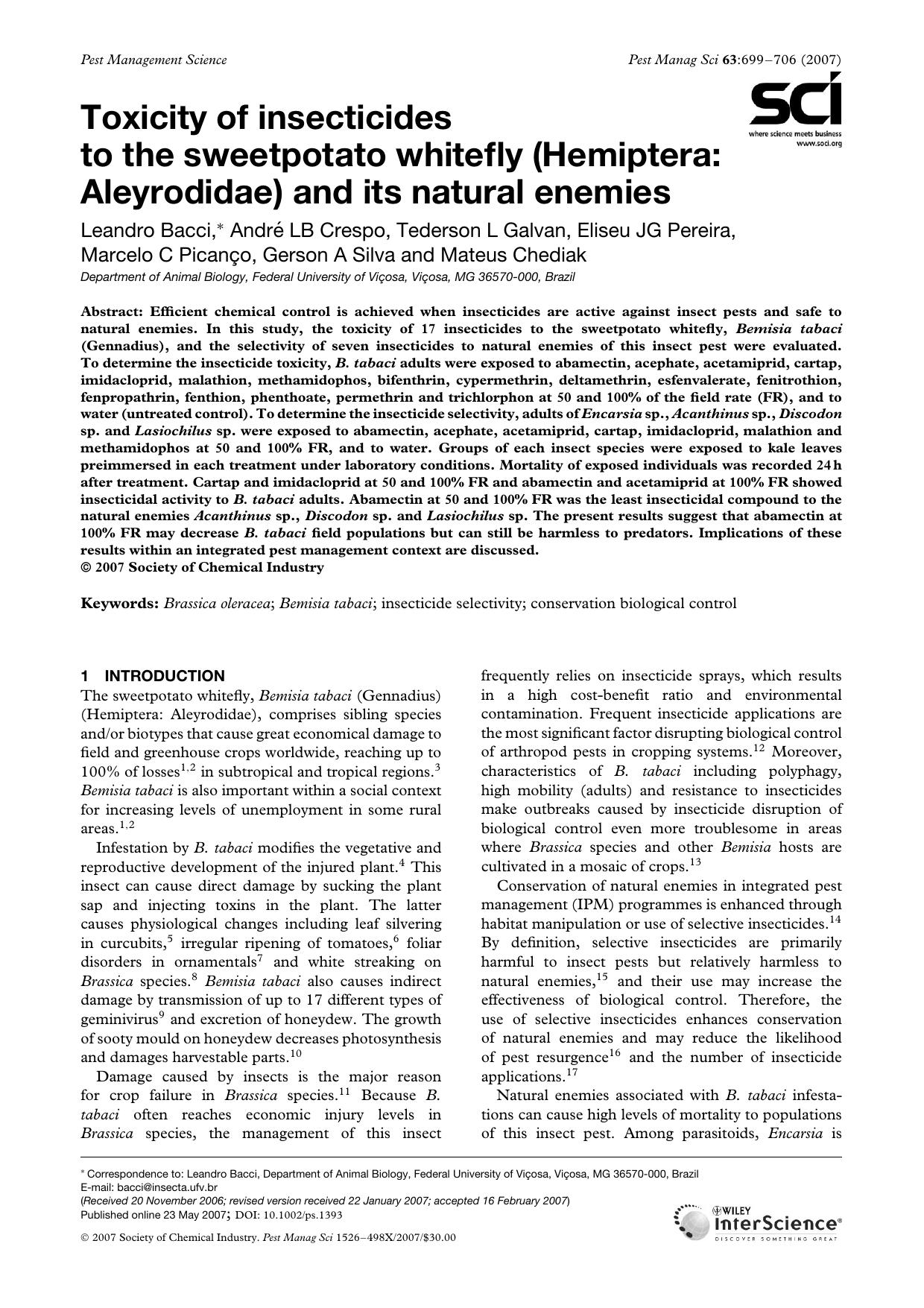 Toxicity of insecticides to the sweetpotato whitefly (Hemiptera: Aleyrodidae) and its natural enemies by Unknown