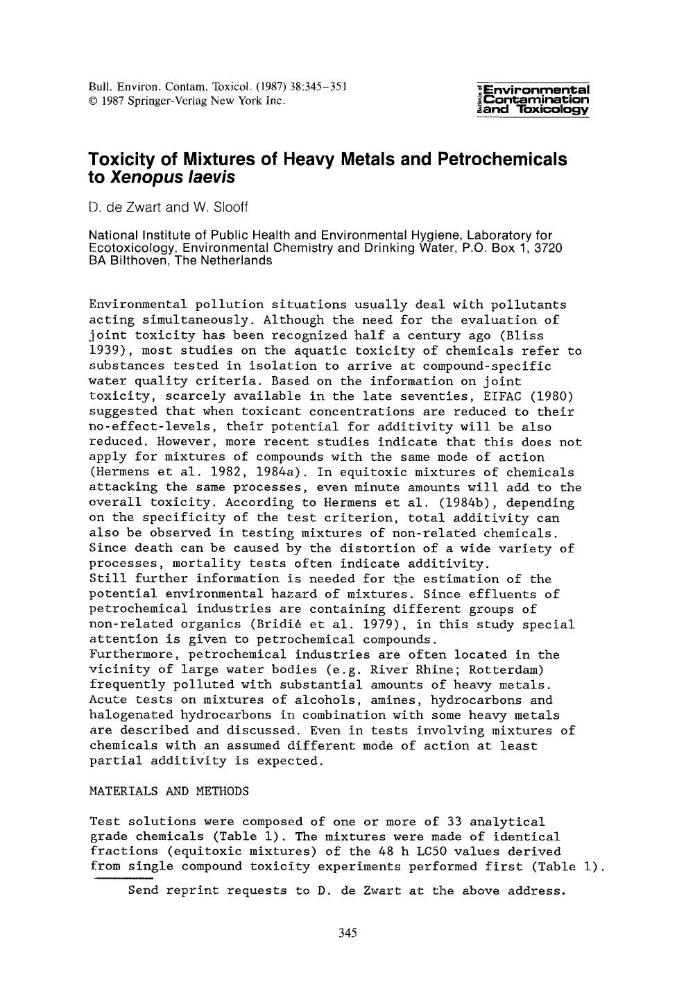 Toxicity of mixtures of heavy metals and petrochemicals to <Emphasis Type="Italic">Xenopus laevis <Emphasis> by Unknown