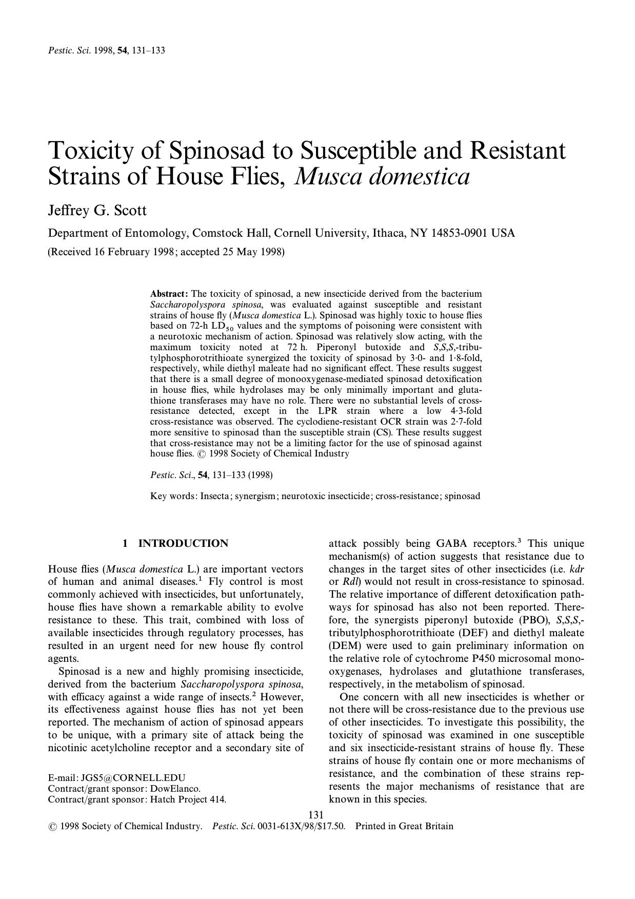 Toxicity of spinosad to susceptible and resistant strains of house flies, Musca domestica by Scott