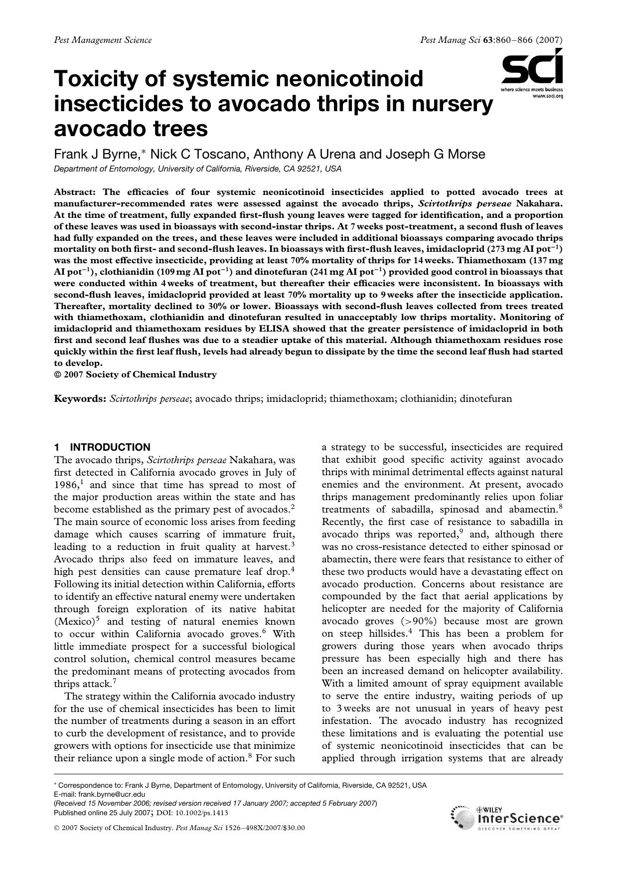 Toxicity of systemic neonicotinoid insecticides to avocado thrips in nursery avocado trees by Unknown