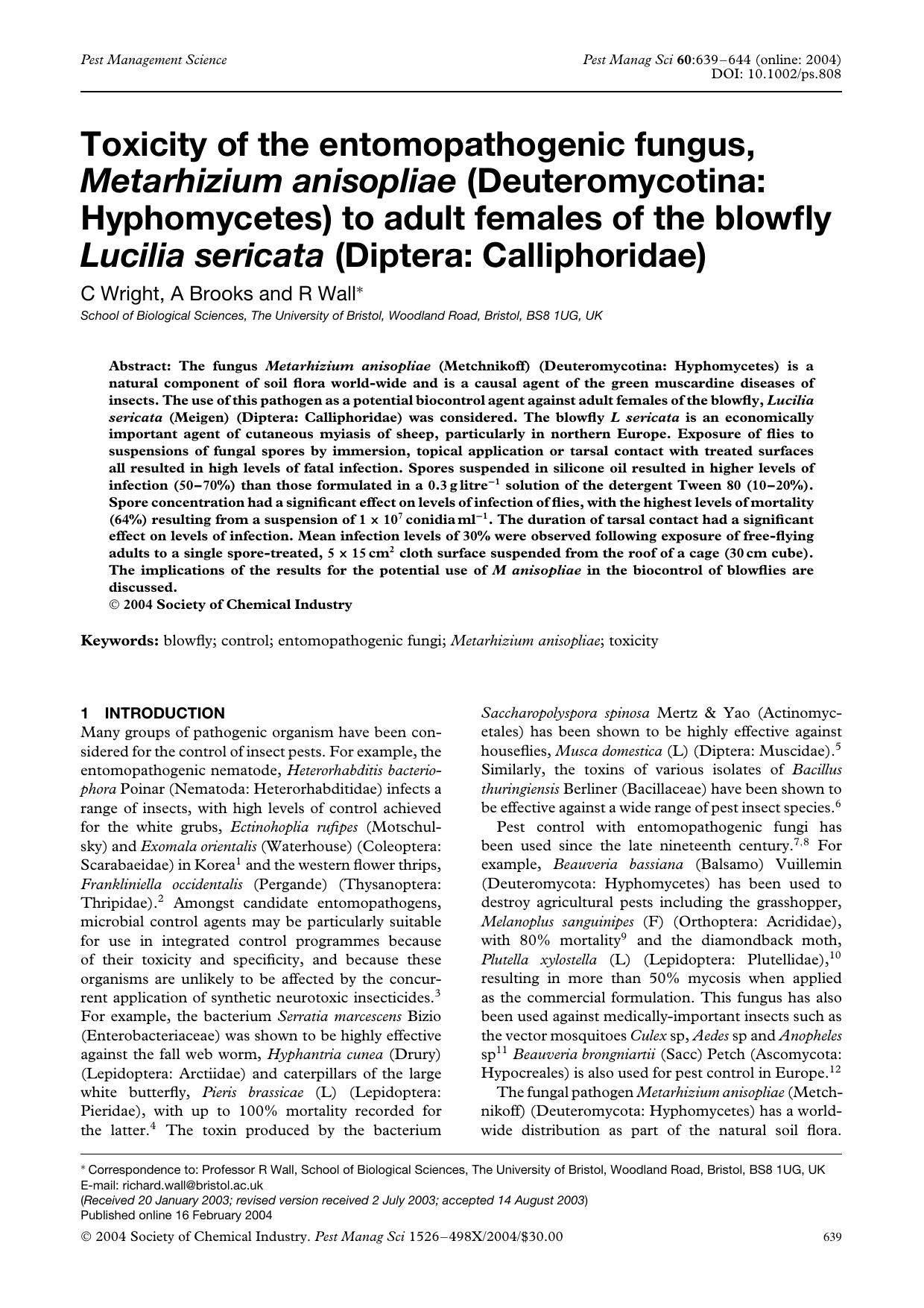Toxicity of the entomopathogenic fungus, Metarhizium anisopliae (Deuteromycotina: Hyphomycetes) to adult females of the blowfly Lucilia sericata (Diptera: Calliphoridae) by Unknown