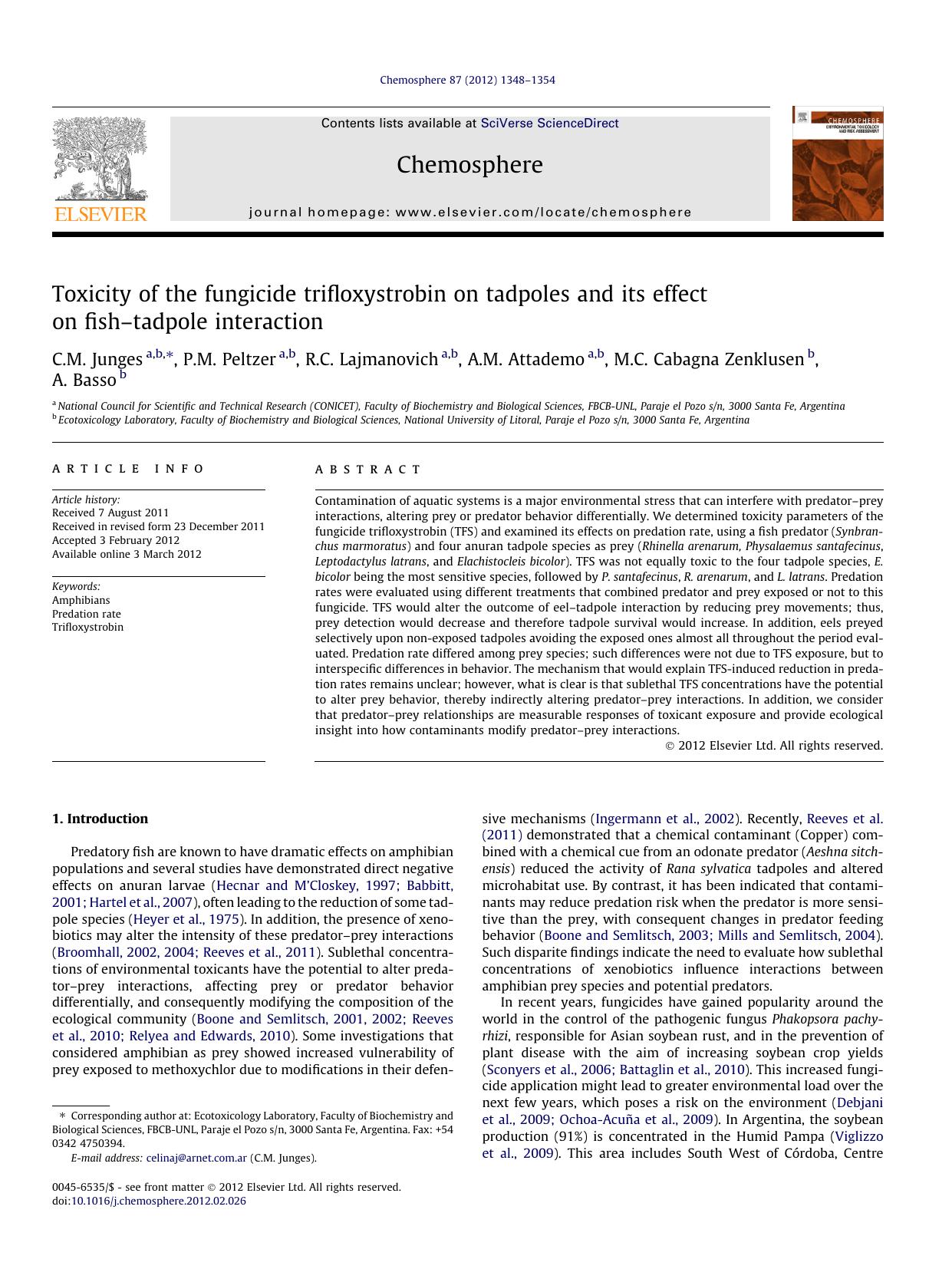 Toxicity of the fungicide trifloxystrobin on tadpoles and its effect on fishÃ¢â¬âtadpole interaction by C.M. Junges & P.M. Peltzer & R.C. Lajmanovich & A.M. Attademo & M.C. Cabagna Zenklusen & A. Basso