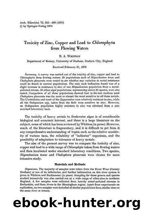 Toxicity of zinc, copper and lead to <Emphasis Type="Italic">Chlorophyta<Emphasis> from flowing waters by Unknown