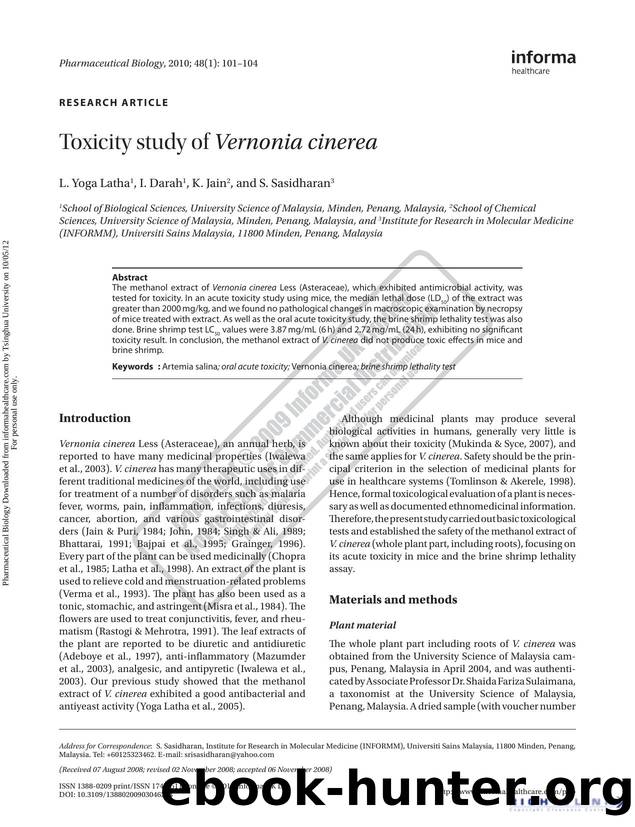 Toxicity study of Vernonia cinerea by L. Yoga Latha I. Darah K. Jain & S. Sasidharan